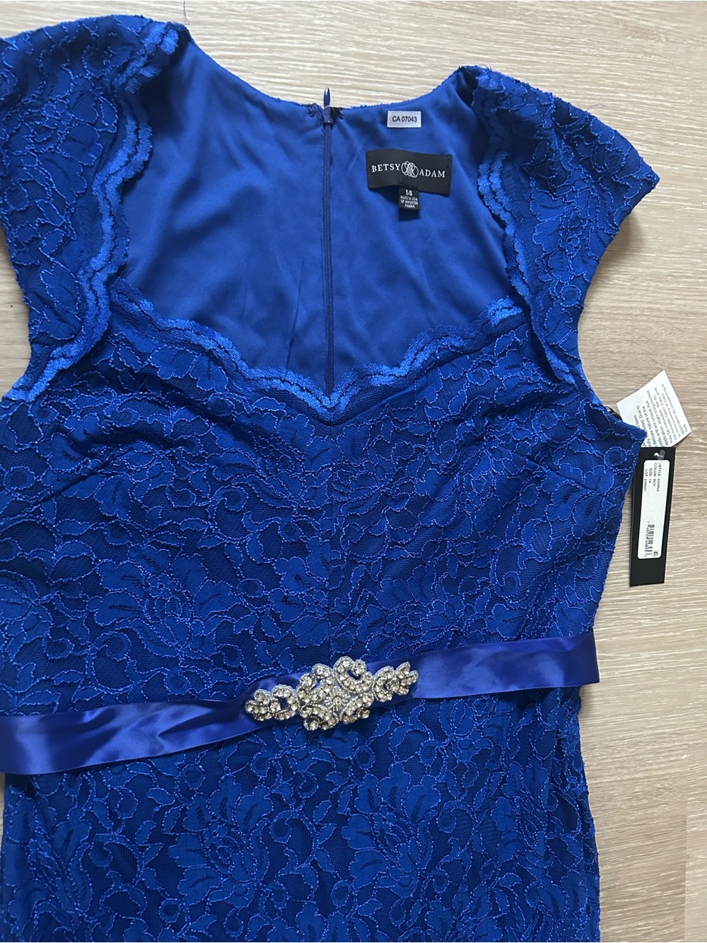 Betsy & Adam Cobalt Blue Lace Maxi Dress with Satin Waist Tie